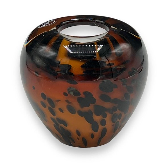 Hand Blown Poland ART GLASS Candle Holder Tea Light Brown Black Spots Large - Picture 2 of 8